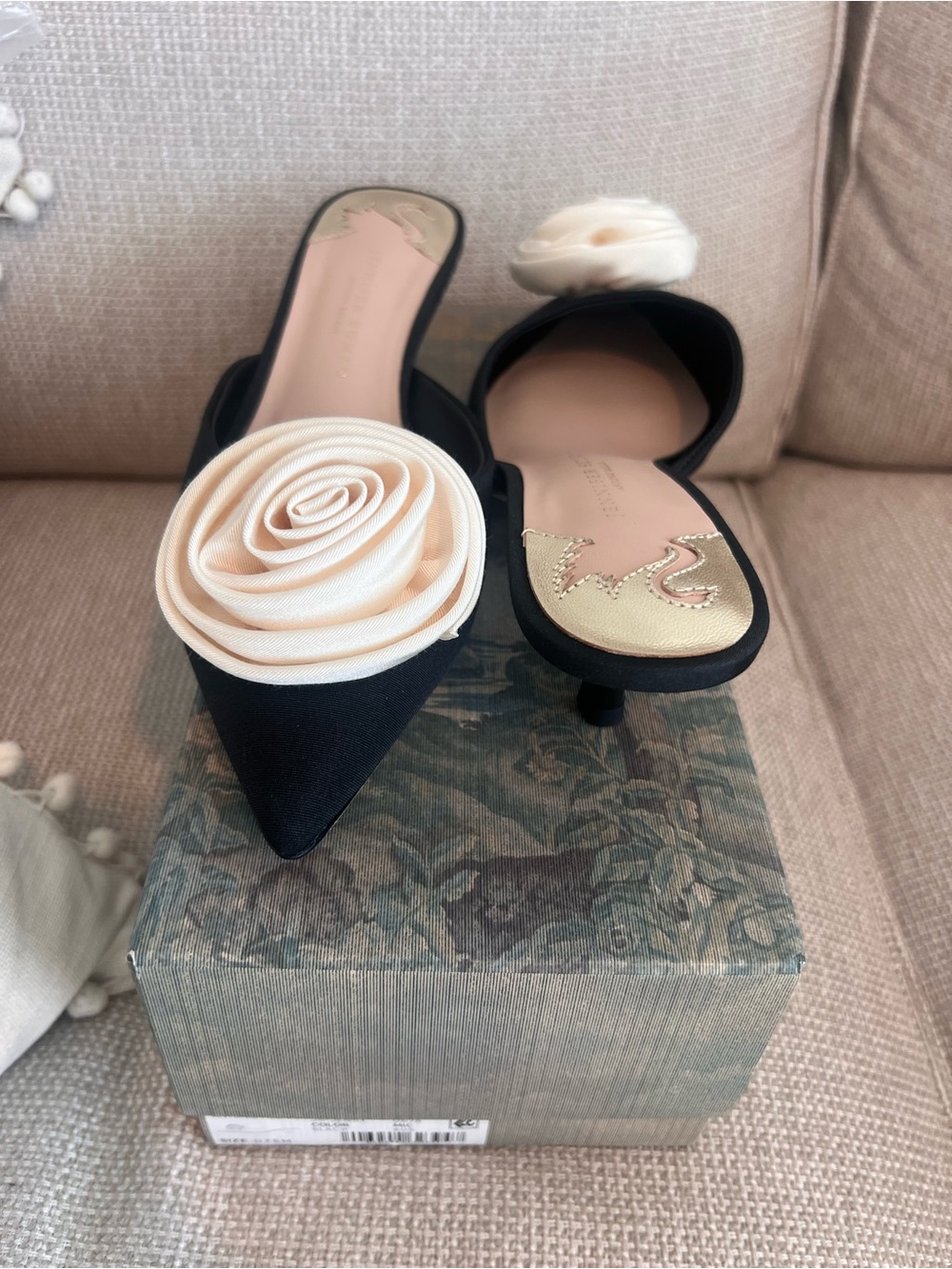 ANTONIO MELANI X Jeniffer Sumko Black Pointed Toe Mules with Cream Rose Accent - Picture 5 of 5